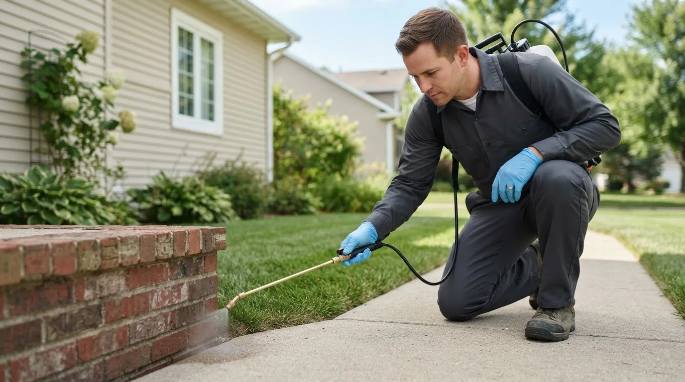 Pest control technician treating a home near De Kalb, MO